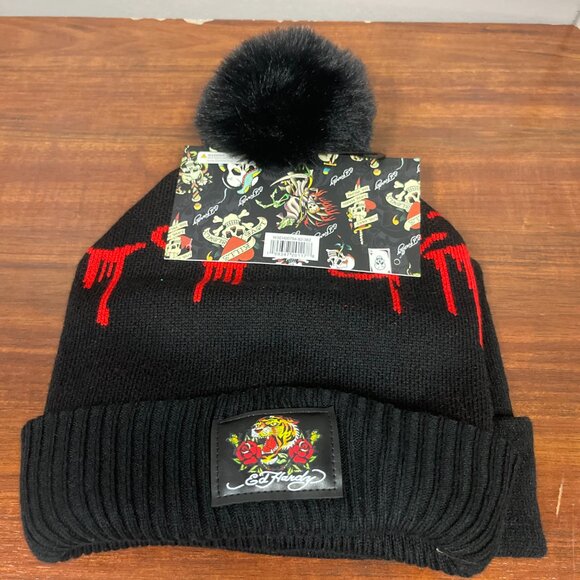 Ed Hardy 2 Pack Faux fur Beanie with Pom Set BLACK - Picture 2 of 2